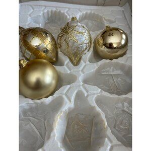 Christmas Set Of 4 Gold & White Glass Christmas Ornaments Glitter Holiday Decor
